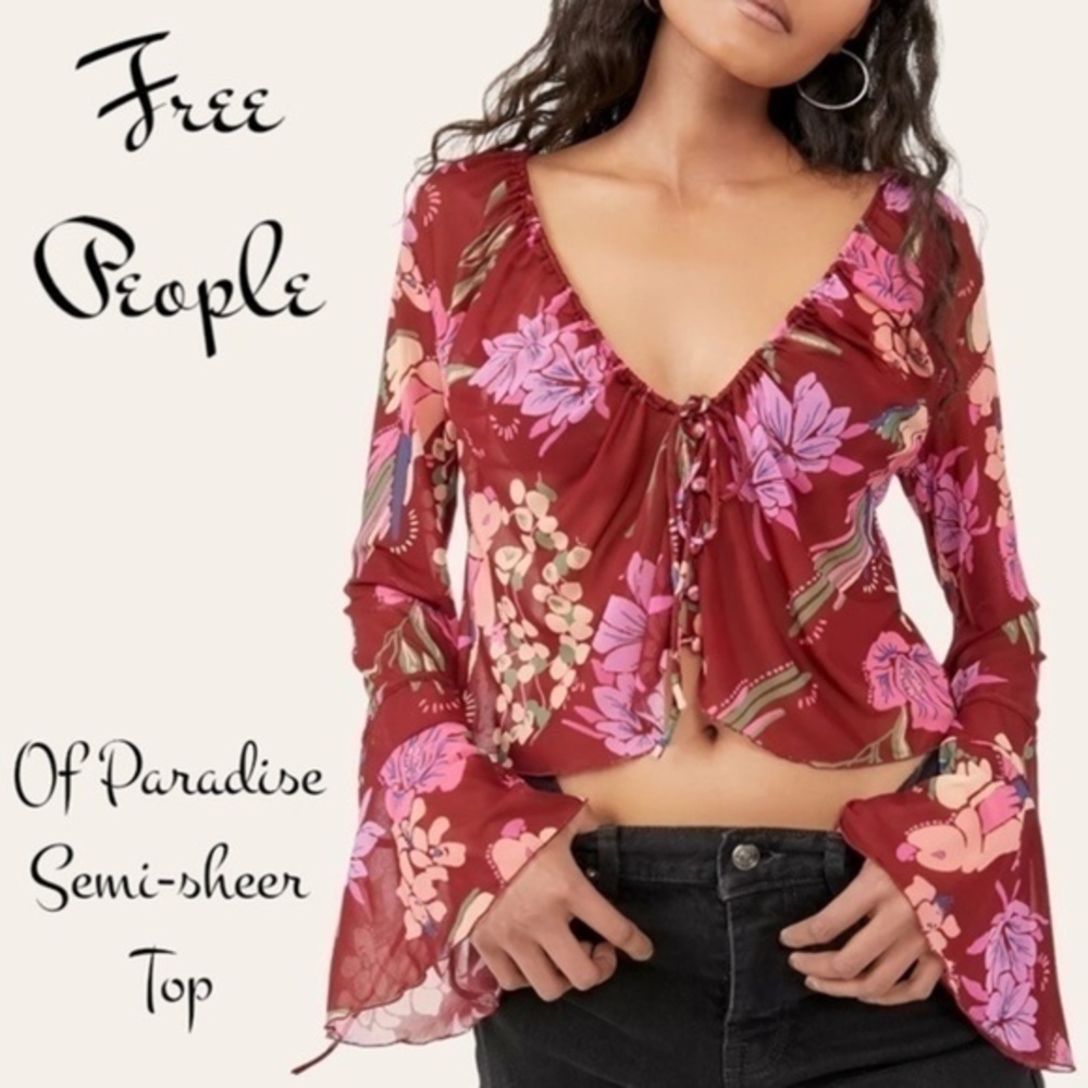 FREE PEOPLE Of Paradise Semi-Sheer Flare/Bell Sleeve Retro Crop Blouse NWT/LG